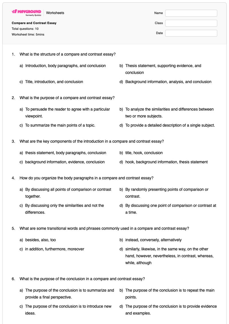 Compare and Contrast Essay - Printable Compare-and-contrast-essay Worksheets - Wayground