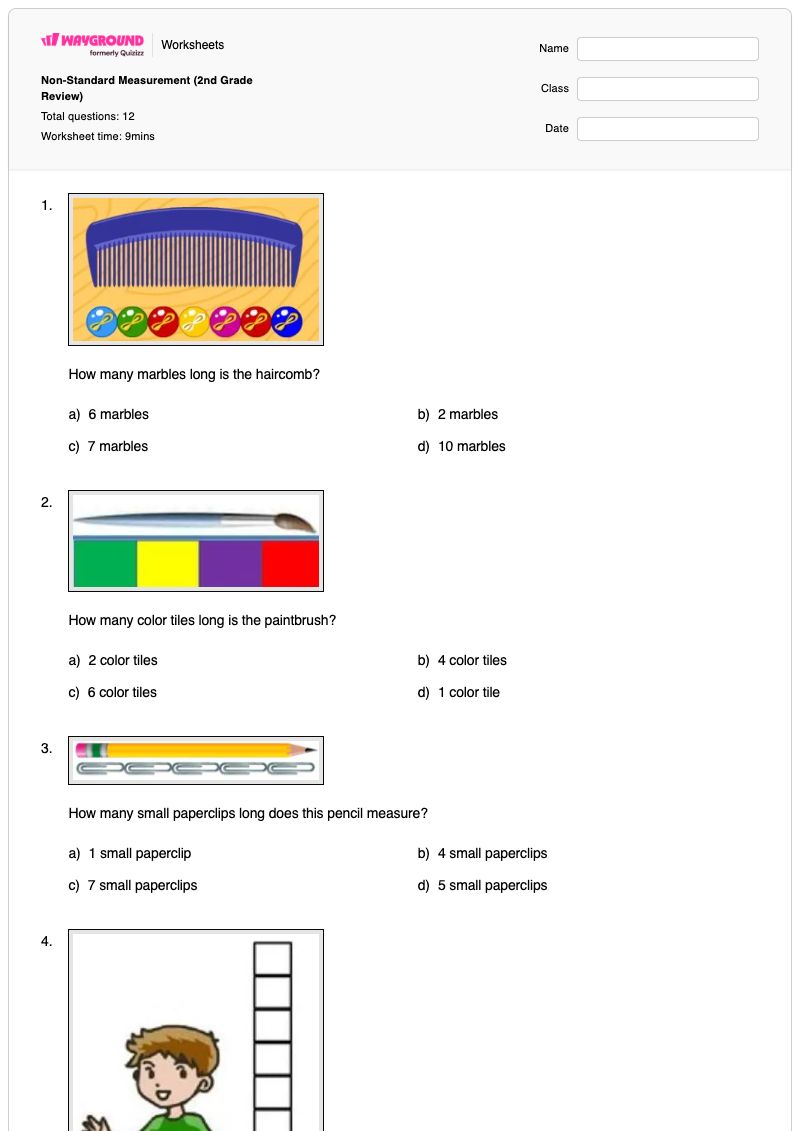 Non-Standard Measurement (2nd Grade Review) - Printable Standard-and-nonstandard-units Worksheets Kindergarten - Wayground