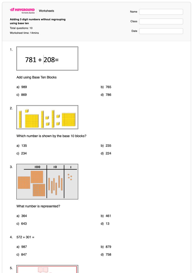 Adding 3 digit numbers without regrouping using base ten - พิมพ์ได้ Adding-to-ten เวิร์กชีท - Wayground