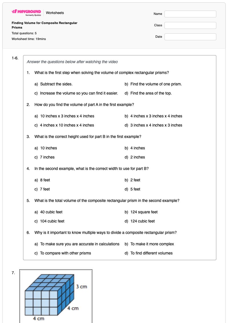 Finding Volume for Composite Rectangular Prisms - พิมพ์ได้ Word-finding-strategies เวิร์กชีท ระดับ 5 - Wayground