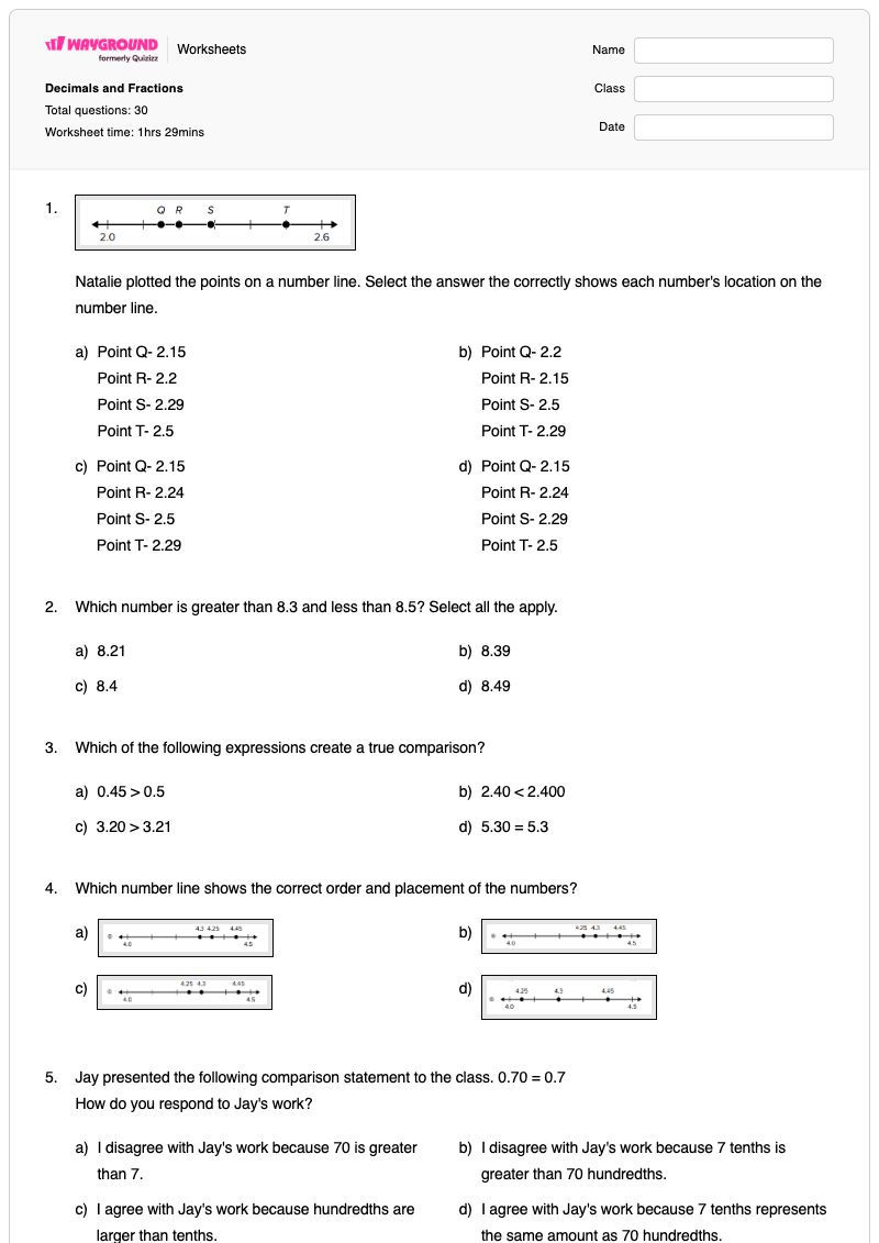 Decimals and Fractions  - Printable Fractions-on-a-number-line Worksheets - Wayground