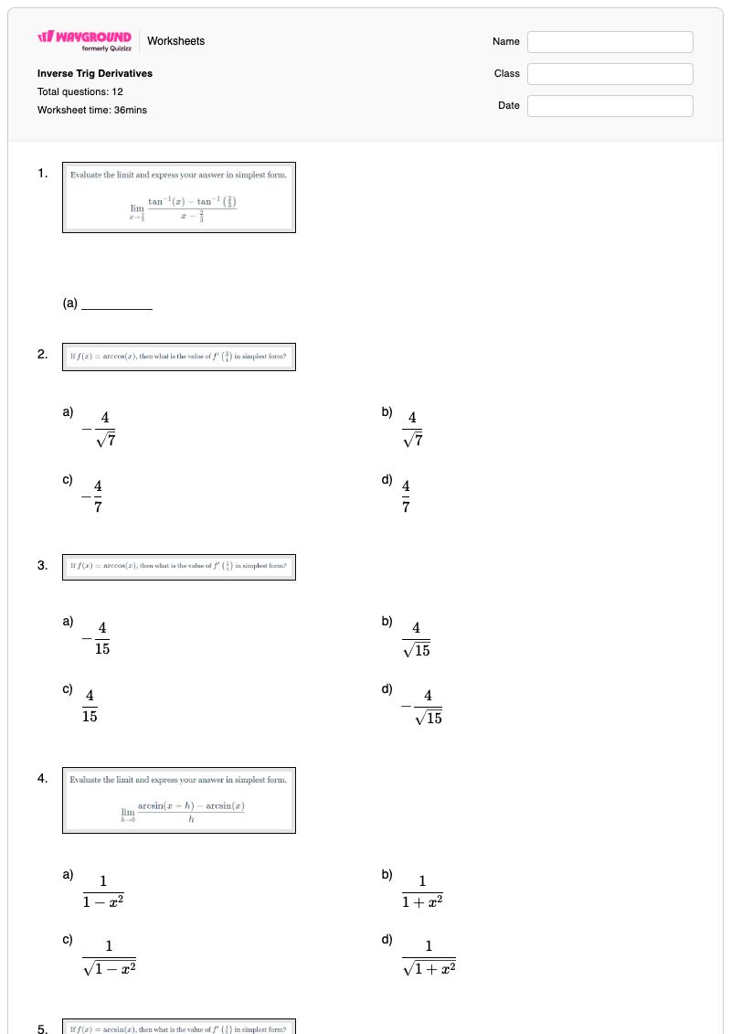 Inverse Trig Derivatives - Printable Derivatives Worksheets Year 11 - Wayground
