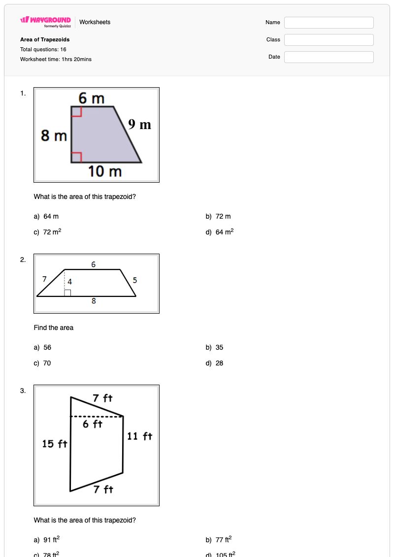 Area of Trapezoids - Printable Area-of-a-trapezoid Worksheets - Wayground