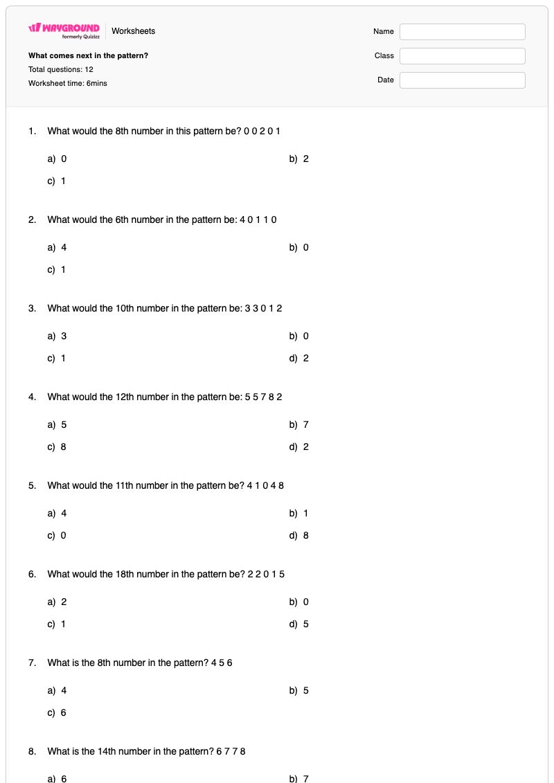 What comes next in the pattern? - พิมพ์ได้ Pattern-recognition เวิร์กชีท ระดับ 3 - Wayground