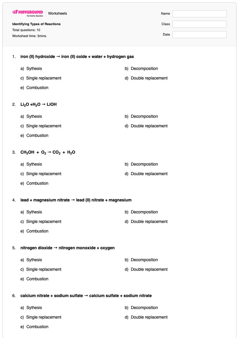 Identifying Types of Reactions - Printable Types-of-reactions Worksheets Class 10 - Wayground