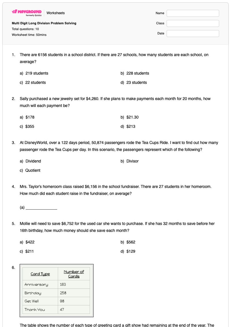 Multi Digit Long Division Problem Solving - Printable Weighted-averages Worksheets Year 6 - Wayground