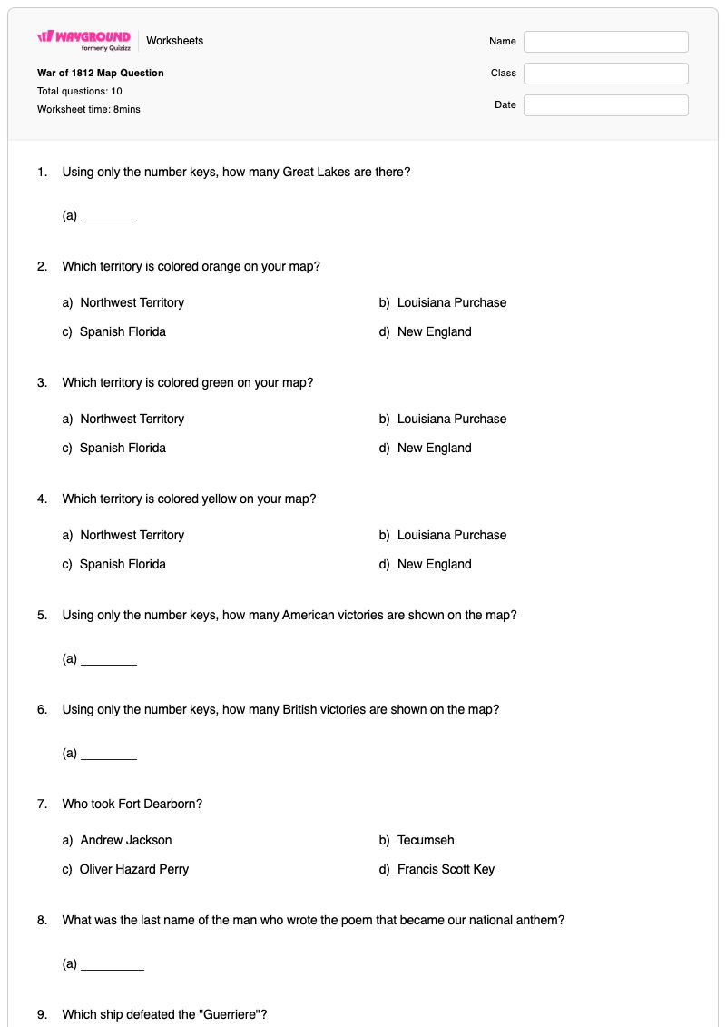 War of 1812 Map Question - Printable War-of-1812 Worksheets - Wayground