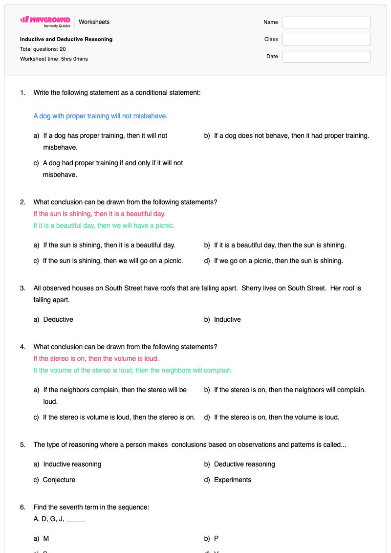 Inductive and Deductive Reasoning - Printable Logic-and-reasoning Worksheets Year 8 - Wayground