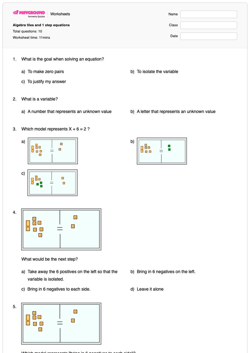 Algebra tiles and 1 step equations - Printable Algebra Worksheets - Wayground