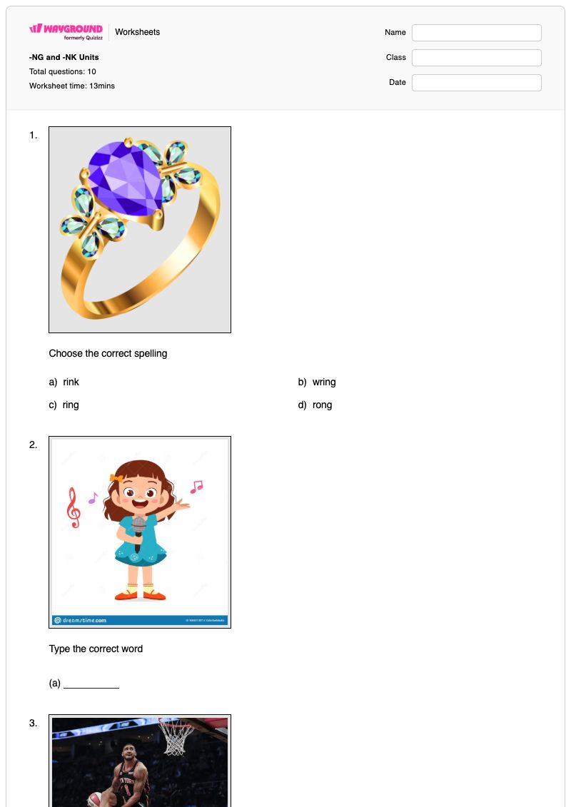 -NG and -NK Units - Printable Inflected-endings Worksheets Year 2 - Wayground
