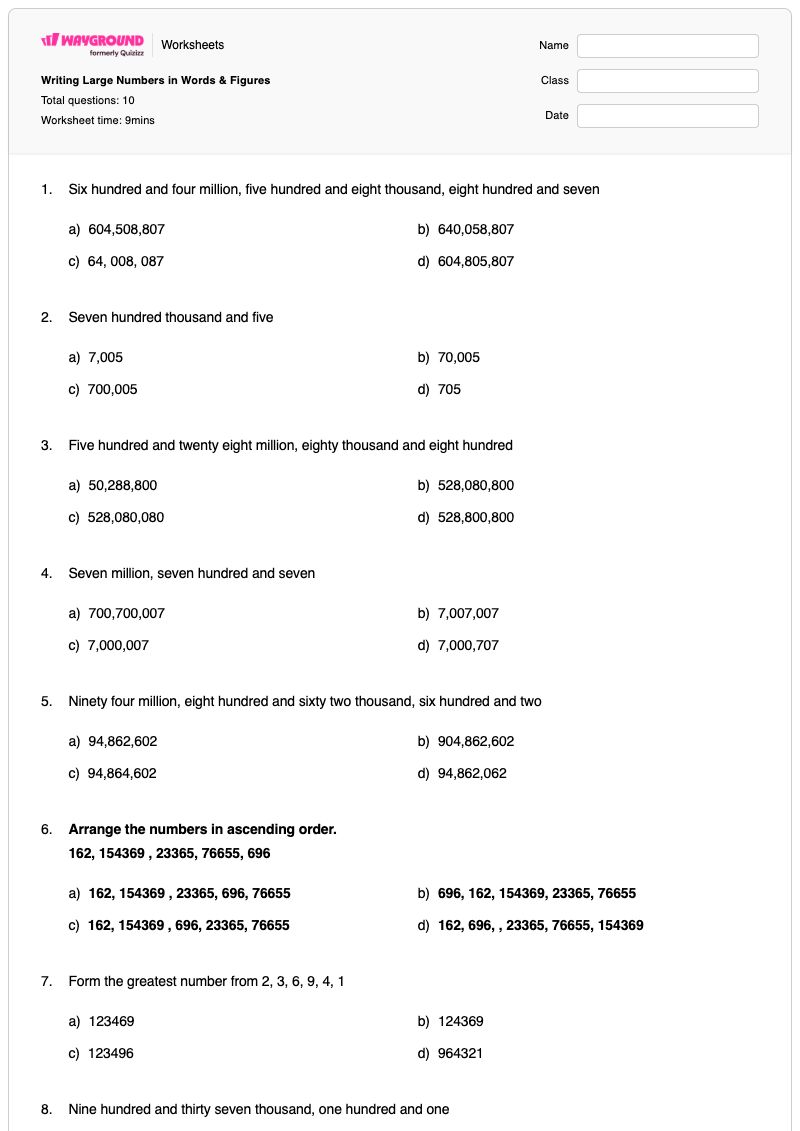 Writing Large Numbers in Words & Figures - Printable Writing-numbers-in-words Worksheets - Wayground
