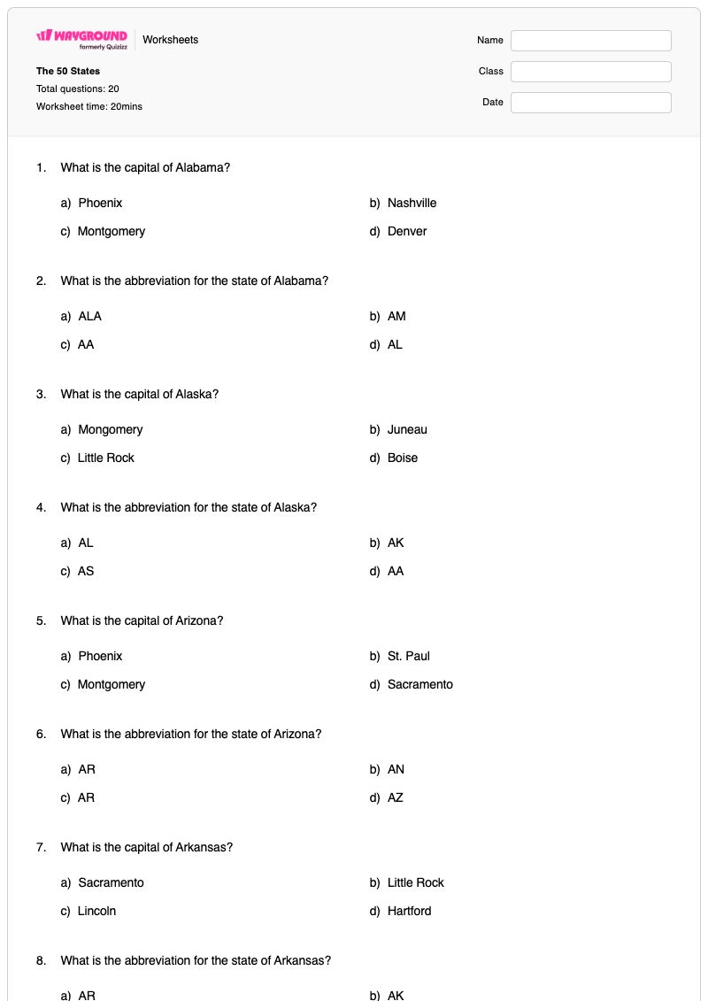 The 50 States - Printable States-and-capitals Worksheets - Wayground