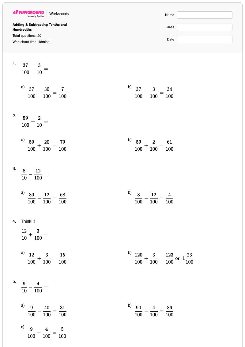 Adding & Subtracting Tenths and Hundredths - Printable Tenths-and-hundredths Worksheets - Wayground