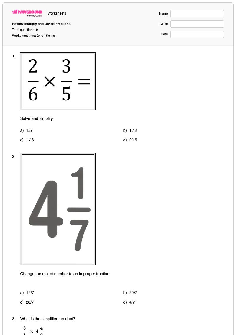 Review Multiply and DIvide Fractions - Printable Multiplying-and-dividing-fractions Worksheets - Wayground