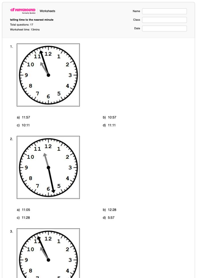 telling time to the nearest minute - Printable Time-to-the-minute Worksheets - Wayground