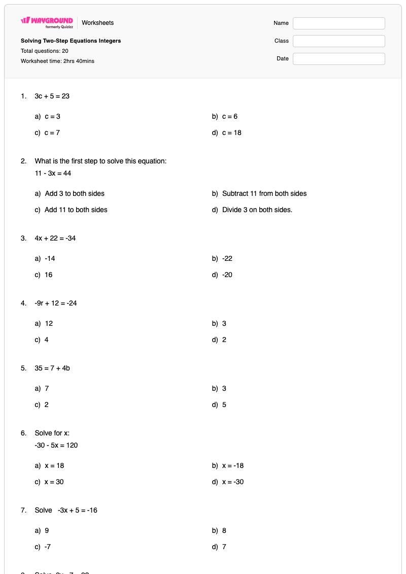 Solving Two-Step Equations Integers - พิมพ์ได้ สมการสองขั้นตอน เวิร์กชีท - Wayground