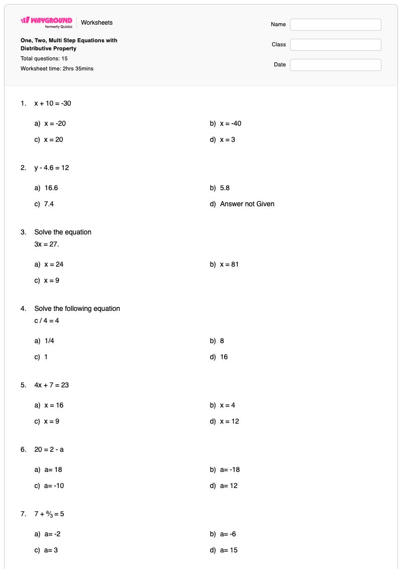 One, Two, Multi Step Equations with Distributive Property - พิมพ์ได้ สมการหลายขั้นตอน เวิร์กชีท - Wayground