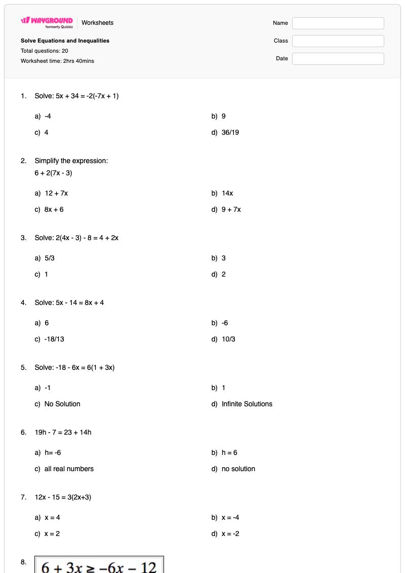 Solve Equations and Inequalities - พิมพ์ได้ การแก้สมการอสมการ เวิร์กชีท - Wayground