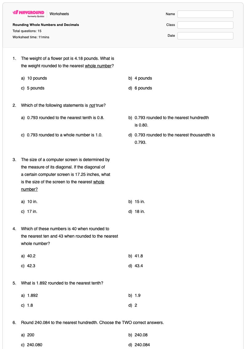 Rounding Whole Numbers and Decimals - Printable Rounding-whole-numbers Worksheets Class 5 - Wayground