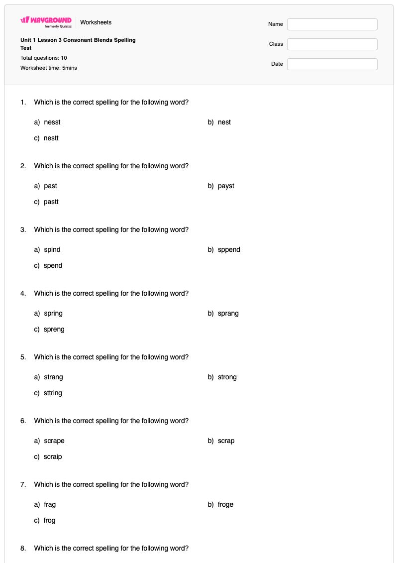 Unit 1 Lesson 3 Consonant Blends Spelling Test - พิมพ์ได้ Blends เวิร์กชีท - Wayground