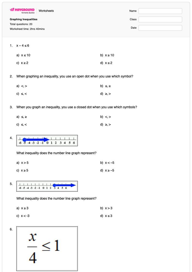 Graphing Inequalities - พิมพ์ได้ การแก้สมการอสมการ เวิร์กชีท - Wayground