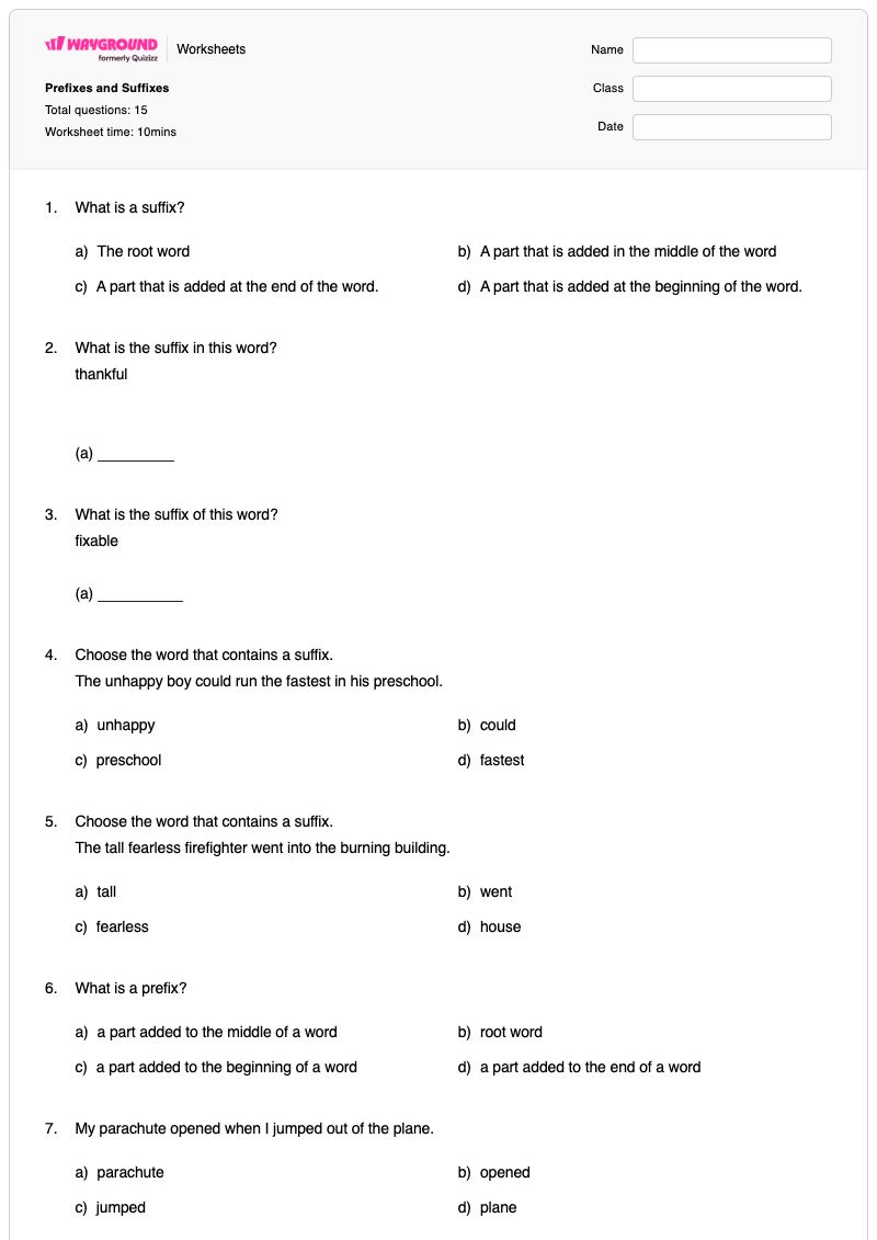 Prefixes and Suffixes - Printable Word-building Worksheets Year 3 - Wayground