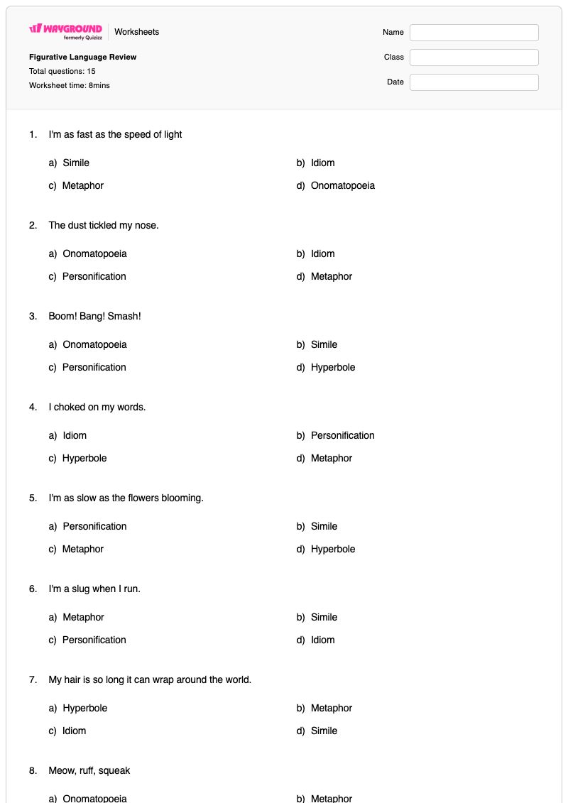 Figurative Language Review - พิมพ์ได้ ภาษาเปรียบเทียบ เวิร์กชีท - Wayground