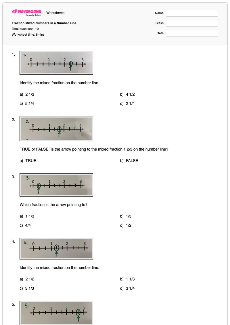 Fraction Mixed Numbers in a Number Line - พิมพ์ได้ จำนวนคละบนเส้นจำนวน เวิร์กชีท - Wayground
