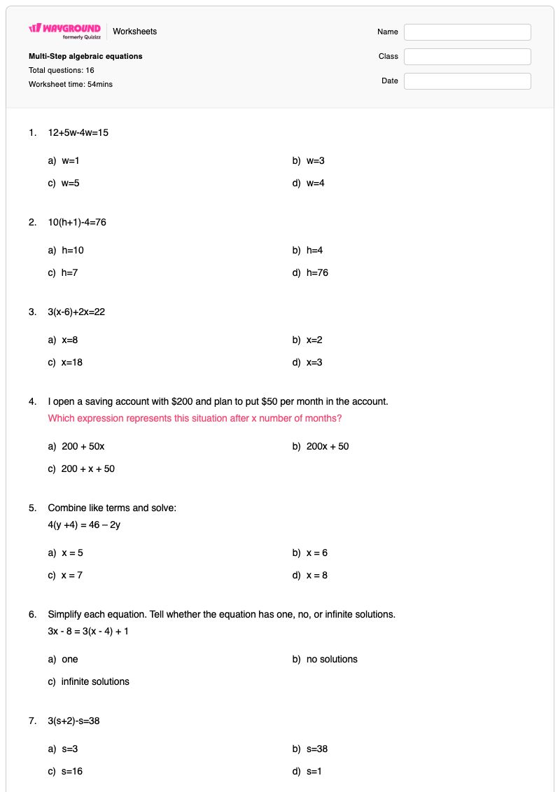 Multi-Step algebraic equations - พิมพ์ได้ สมการหลายขั้นตอน เวิร์กชีท - Wayground