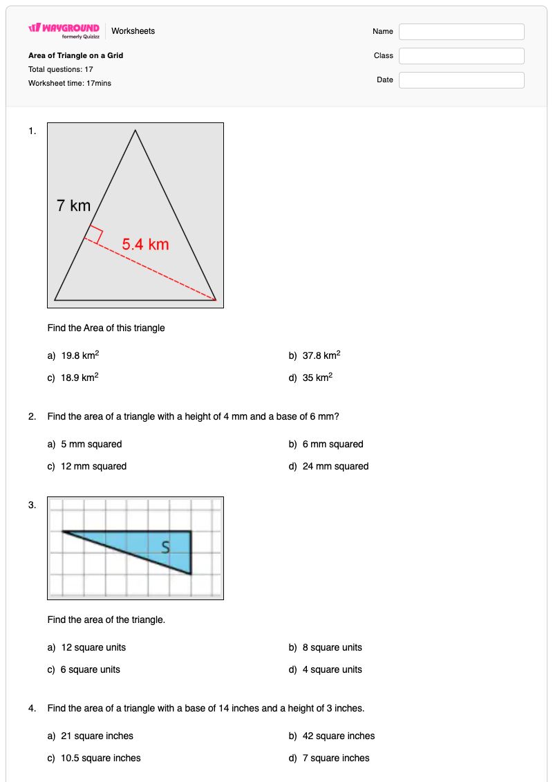 Area of Triangle on a Grid - Printable Area-of-a-triangle Worksheets - Wayground