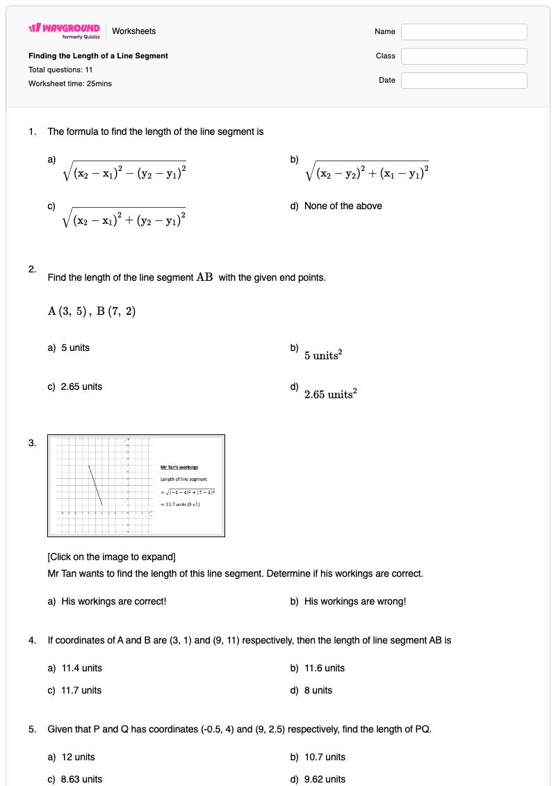 Finding the Length of a Line Segment - พิมพ์ได้ Segment-length เวิร์กชีท - Wayground