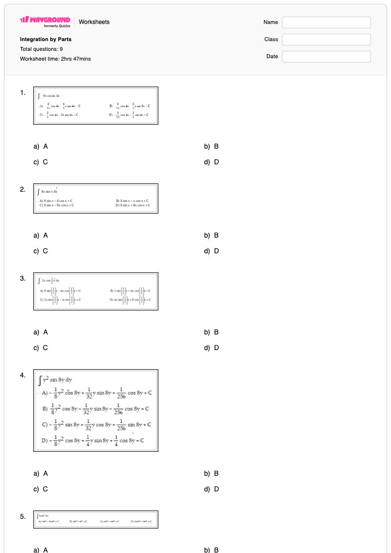 Integration by Parts - พิมพ์ได้ การบูรณาการ เวิร์กชีท ระดับ 12 - Wayground