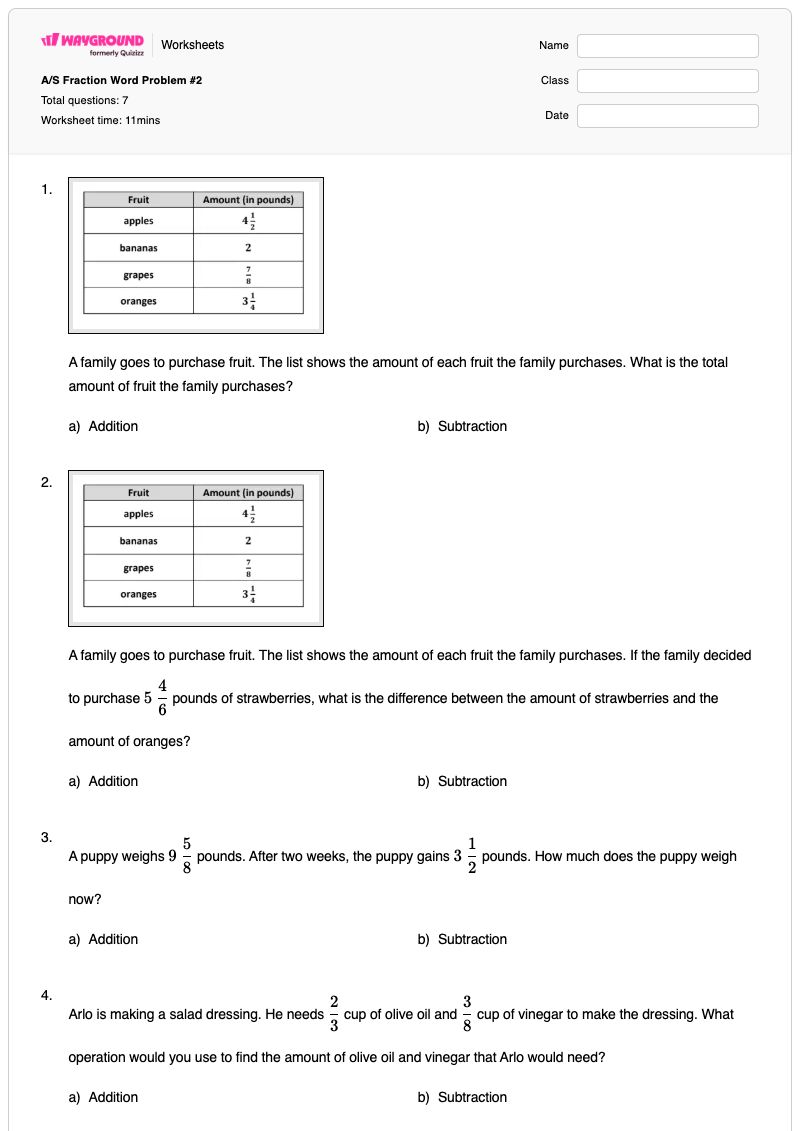 A/S  Fraction Word Problem #2 - พิมพ์ได้ โจทย์ปัญหาเกี่ยวกับการลบ เวิร์กชีท - Wayground