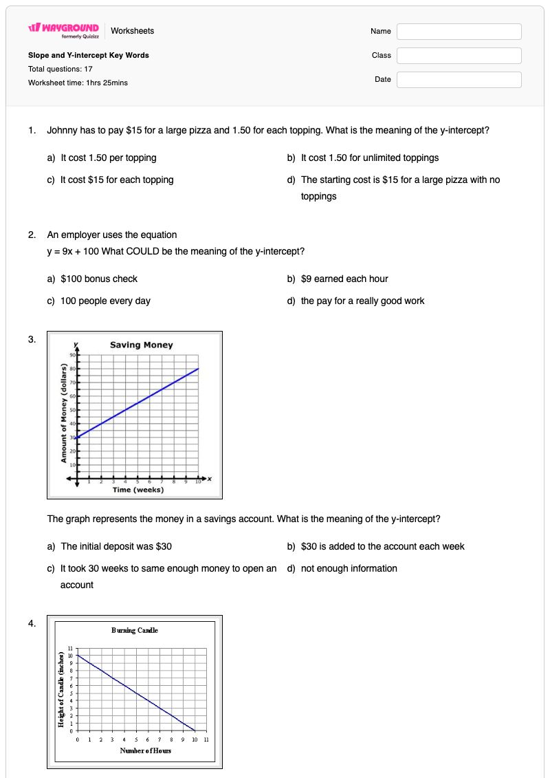 Slope and Y-intercept Key Words - Printable Interpreting-slope-and-y-intercept Worksheets - Wayground