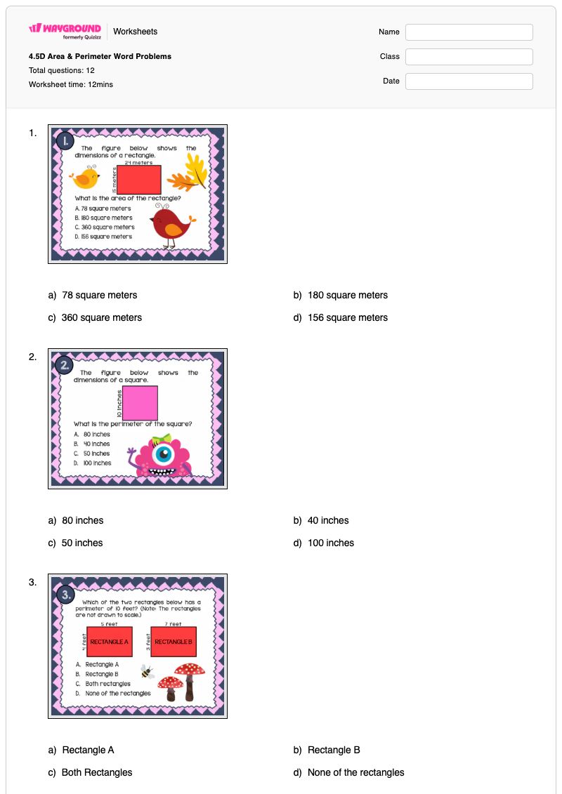 4.5D Area & Perimeter Word Problems - Printable Perimeter Worksheets - Wayground