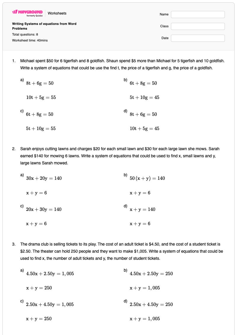 Writing Systems of equations from Word Problems - Printable System-of-equations-word-problems Worksheets - Wayground