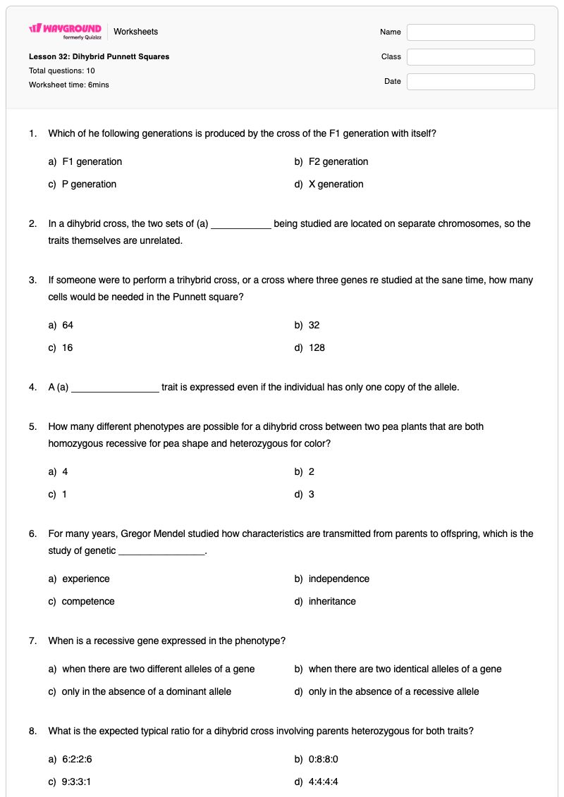 Lesson 32: Dihybrid Punnett Squares - Printable Genetics-vocabulary-dominant-and-recessive Worksheets Class 11 - Wayground