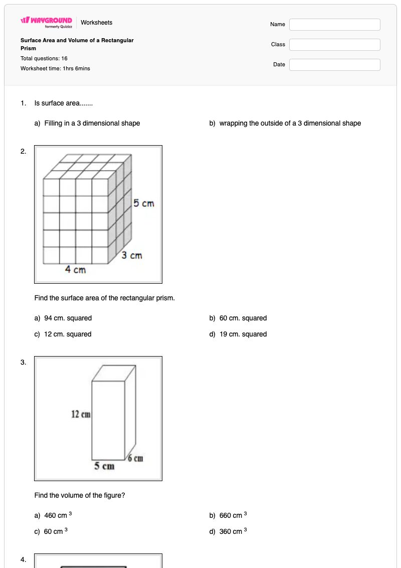Surface Area and Volume of a Rectangular Prism - Printable Volume-and-surface-area-of-prisms Worksheets - Wayground