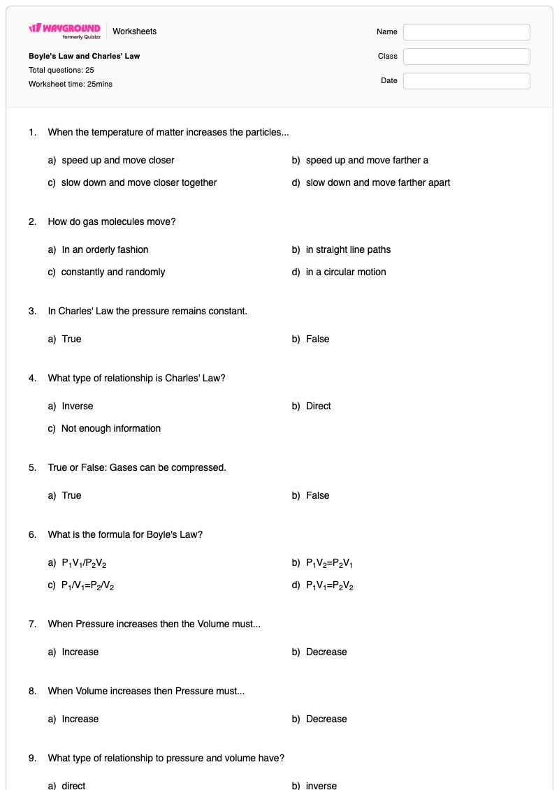 Boyle's Law and Charles' Law - พิมพ์ได้ Boyle's-law เวิร์กชีท - Wayground