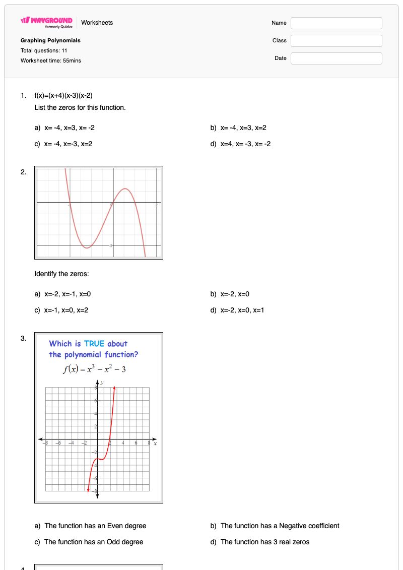 Graphing Polynomials - พิมพ์ได้ Graphing-polynomials เวิร์กชีท ระดับ 9 - Wayground