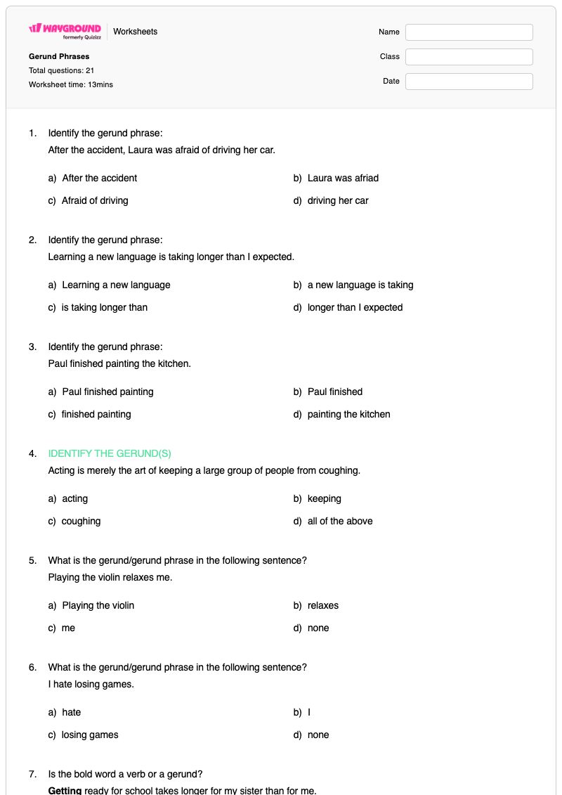 Gerund Phrases  - Printable Gerunds Worksheets Grade 7 - Wayground