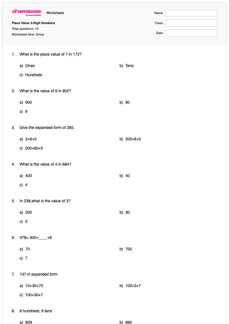 Place Value 3-Digit Numbers - Printable Value-of-digits Worksheets - Wayground
