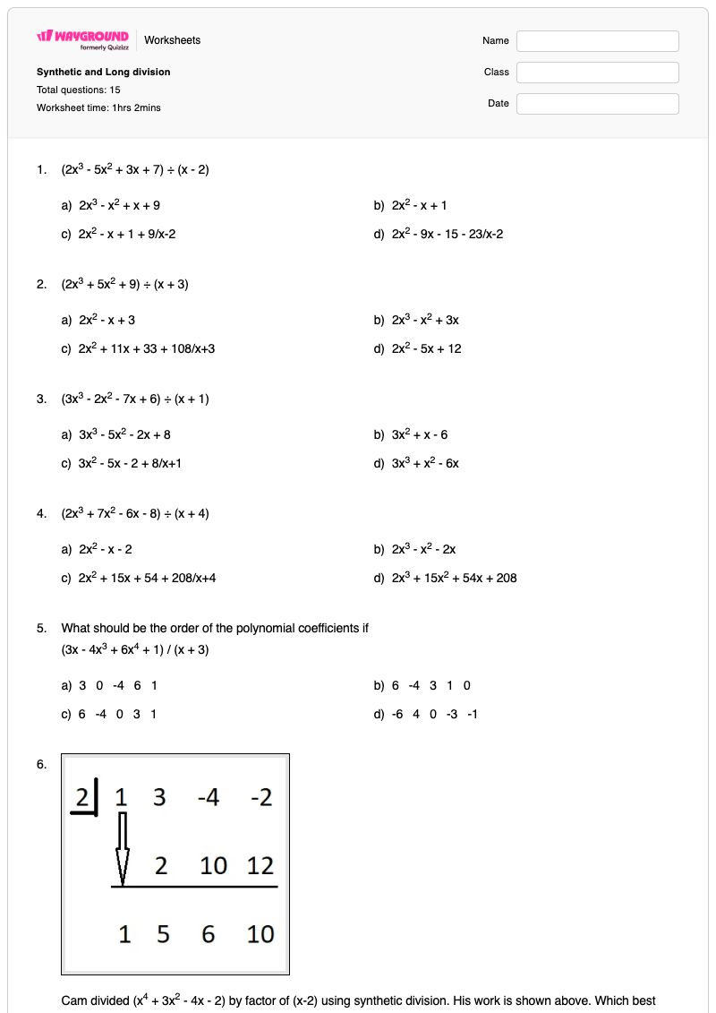 Synthetic and Long division - Printable Division Worksheets - Wayground