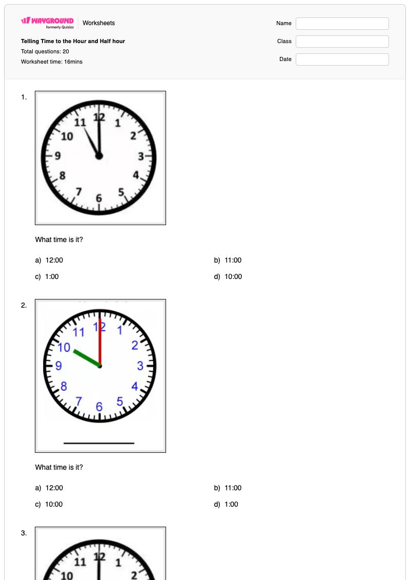 Telling Time to the Hour and Half hour - พิมพ์ได้ เวลาต่อชั่วโมง เวิร์กชีท ระดับ 1 - Wayground