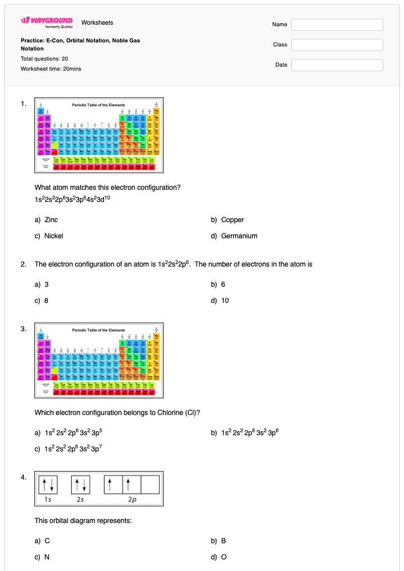 Practice: E-Con, Orbital Notation, Noble Gas Notation - พิมพ์ได้ Electron-orbitals เวิร์กชีท - Wayground