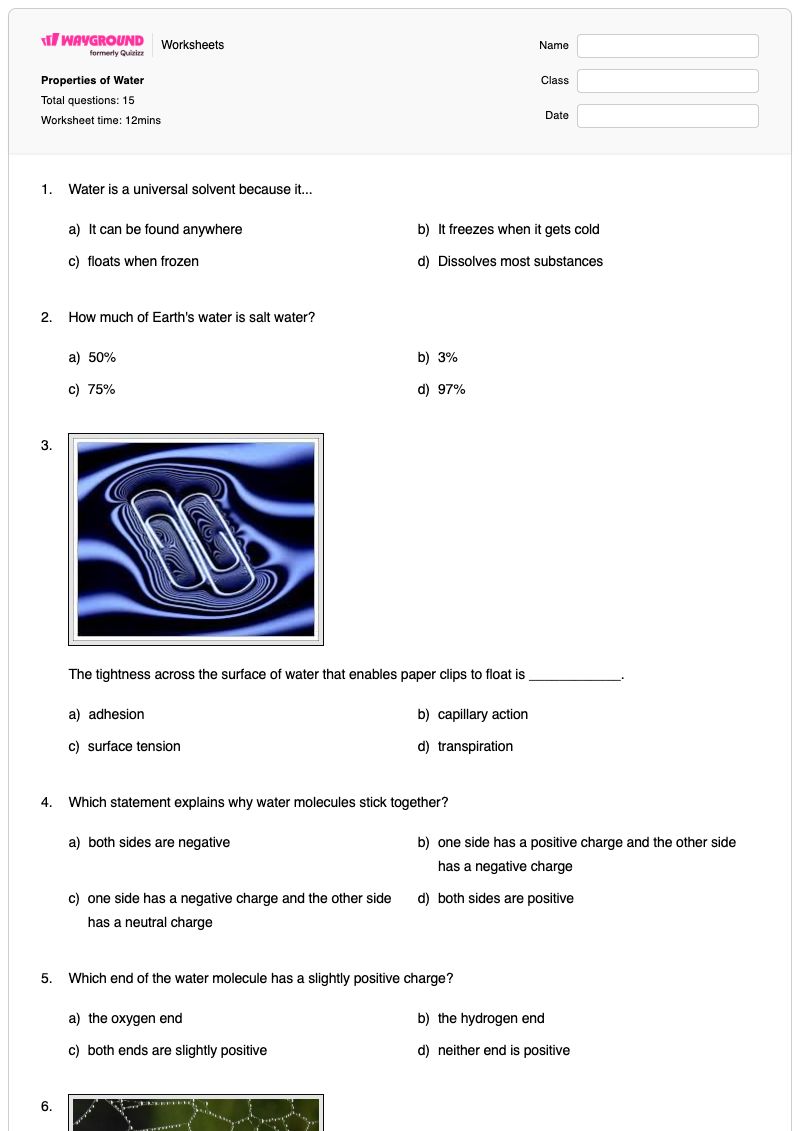 Properties of Water  - พิมพ์ได้ Properties-of-water เวิร์กชีท ระดับ 6 - Wayground