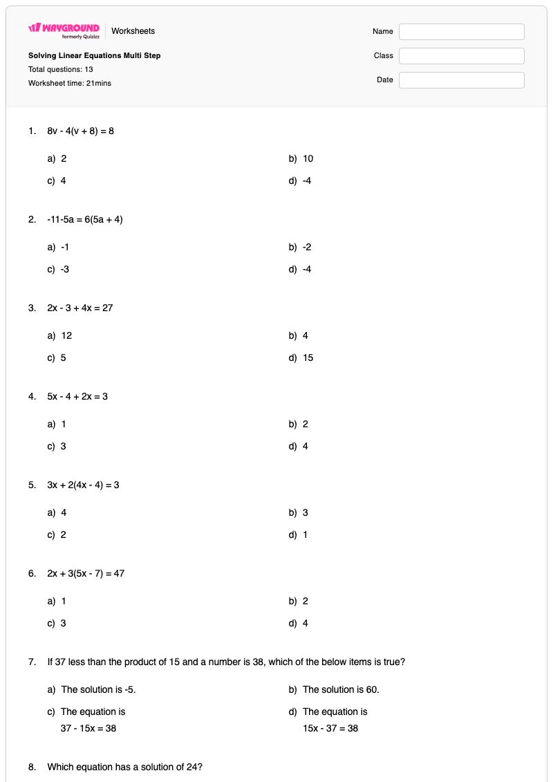 Solving Linear Equations Multi Step - พิมพ์ได้ สมการหลายขั้นตอน เวิร์กชีท - Wayground
