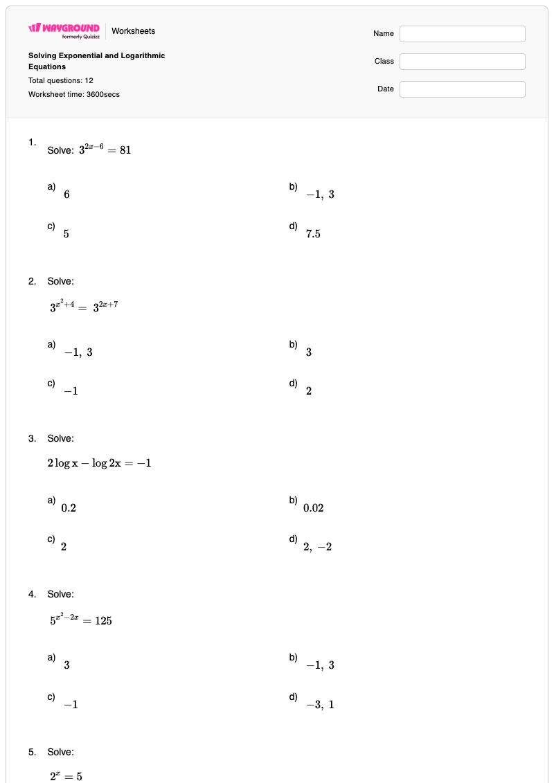Solving Exponential and Logarithmic Equations - พิมพ์ได้ Logarithmic-equations เวิร์กชีท ระดับ 9 - Wayground