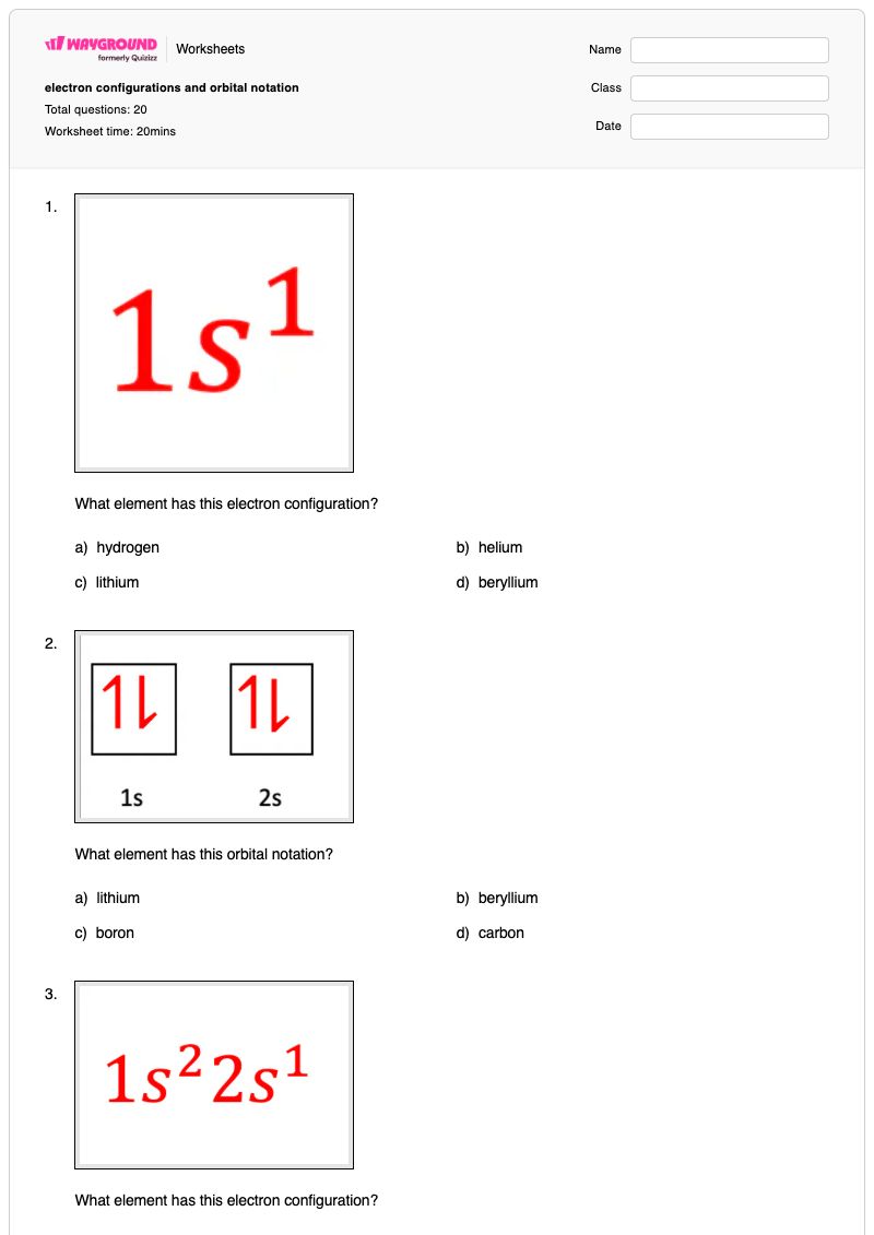 electron configurations and orbital notation - พิมพ์ได้ Electron-orbitals เวิร์กชีท - Wayground