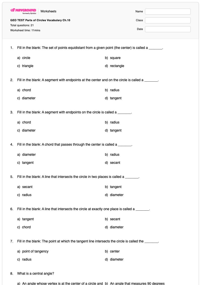 GEO TEST Parts of Circles Vocabulary Ch.10 - Printable Geometry Worksheets - Wayground